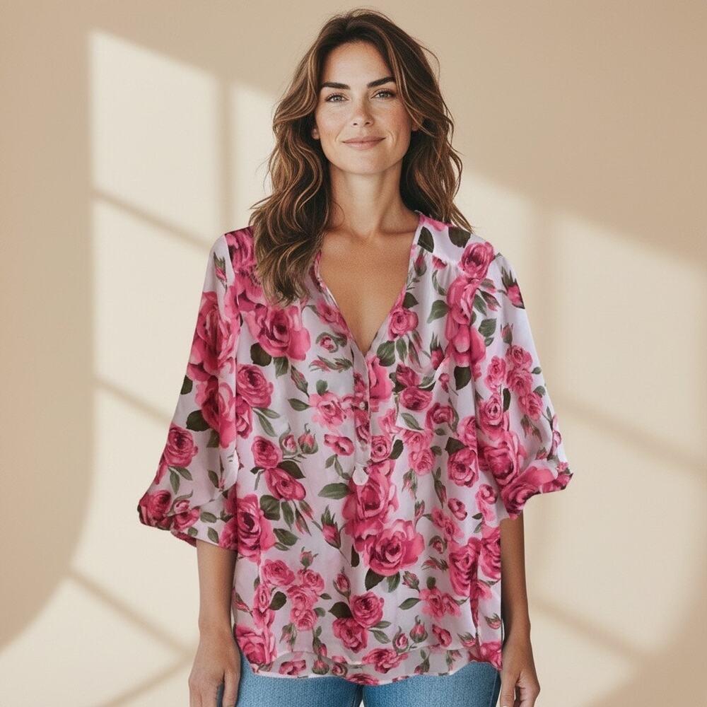 I Live 4 Truth Blouse Women Size L Pink‎ Floral Hi Low Hem Roll Tab Sleeve